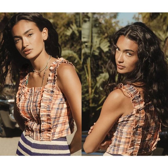 NWT Anthropologie Verb by Pallavi Singhee ruffled plaid tank top orange cotton L - Picture 1 of 14